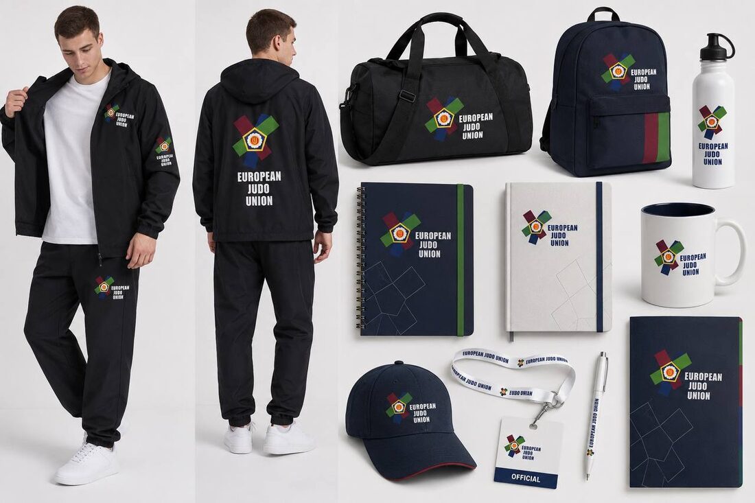 Сувенирная продукция European Judo Union: куртка, рюкзак, блокнот, бутылка