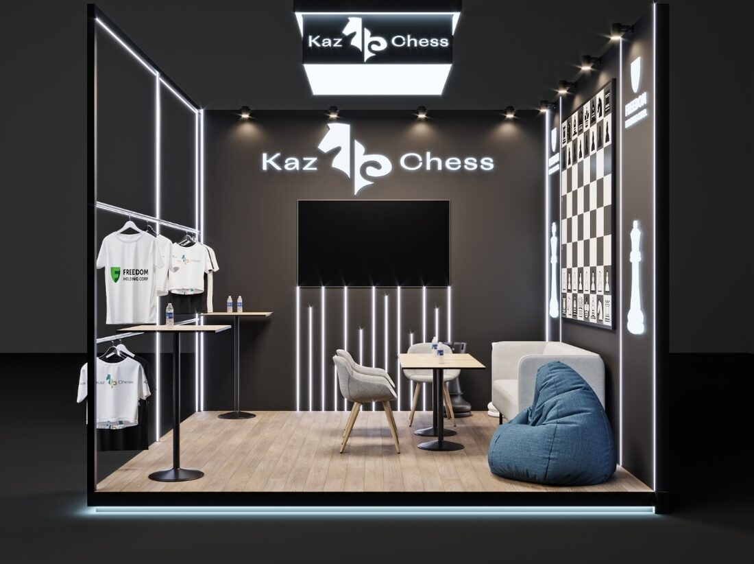 Стенд KazChess с мерчем и шахматной зоной